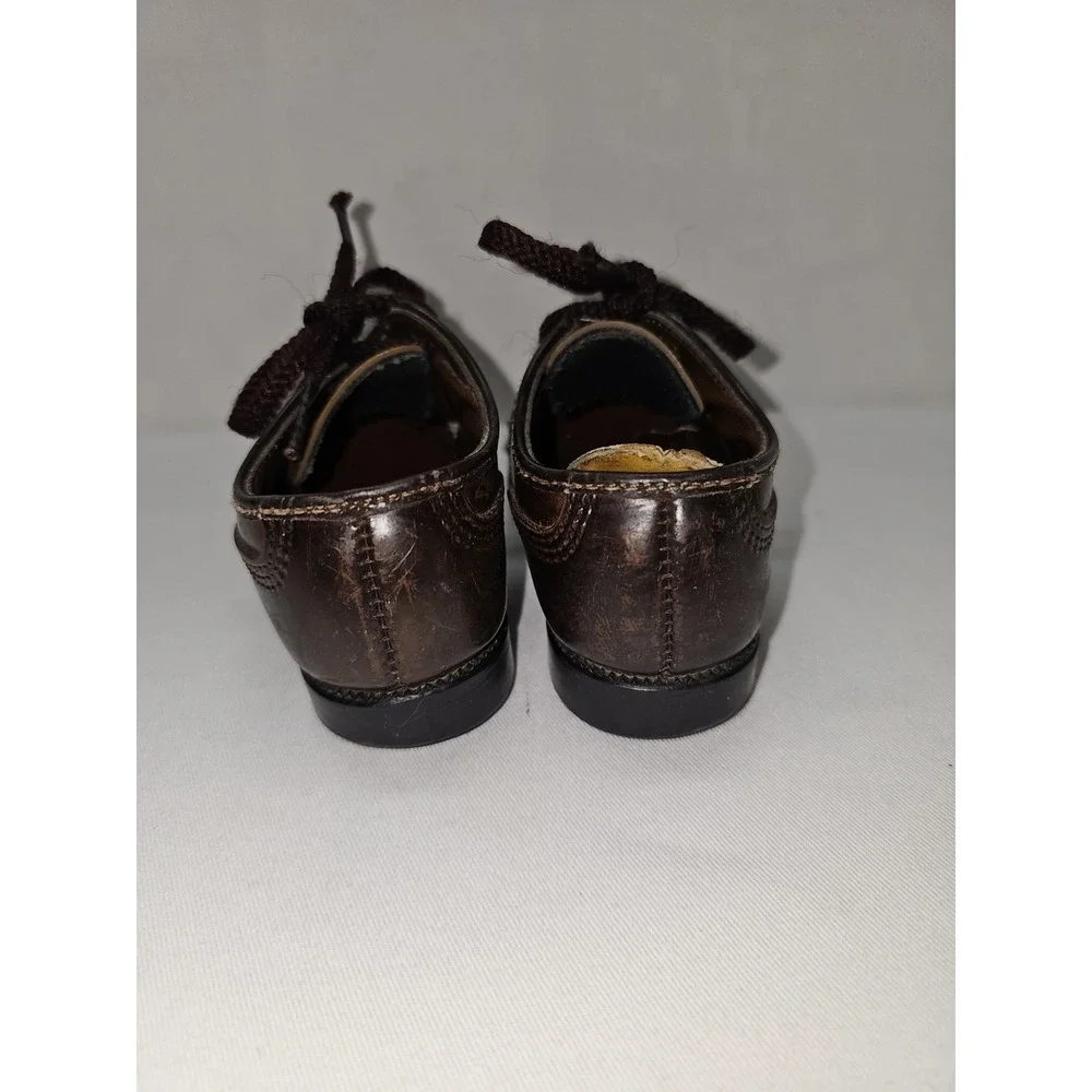 Vintage 1950s Toddler Leather Shoes Brown Lace Up Oxfords Hard Sole Cap Toe